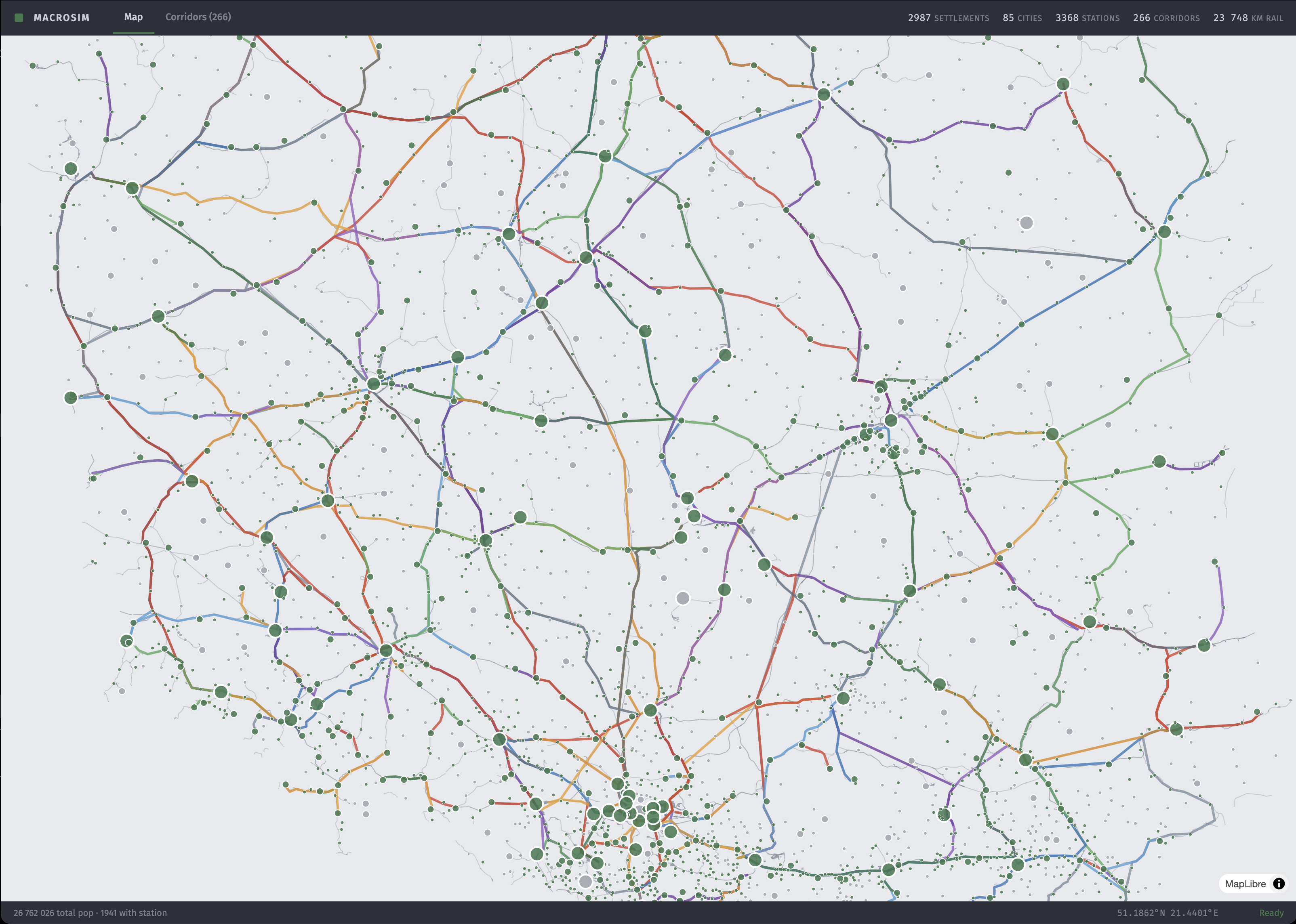 MacroSim — 266 auto-discovered rail corridors across Poland, 2,987 settlements, 3,368 stations