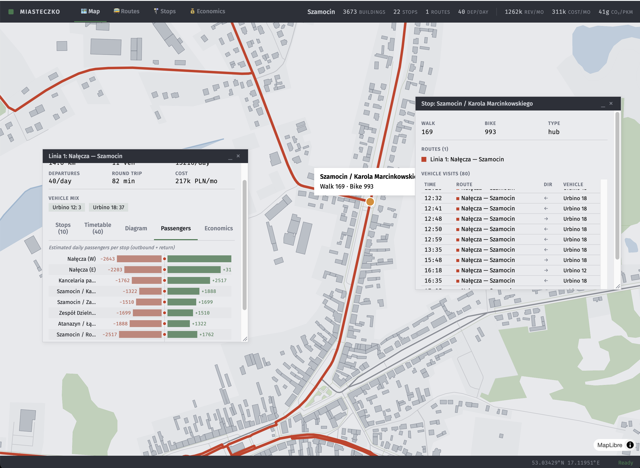 MicroSim — route detail, passenger flow, and stop timetable for Szamocin